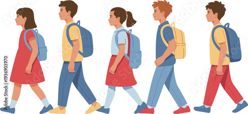 Flat vector illustration of a diverse group of elementary school children walking in a line with backpacks for back to school education concept.
