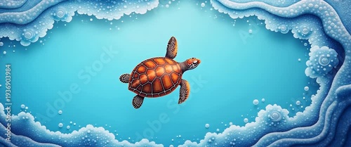 Majestic sea turtle glides gracefully through vibrant underwater world; camera pans slowly, capturing serene aquatic bubbles in a captivating, cinematic ocean scene.