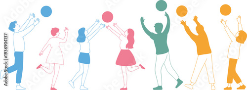 Flat vector illustration of a diverse group of young people jumping and playing with colorful balls in a minimalist line art style isolated on white.