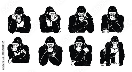 A series of black and white illustrations depicting thoughtful gorillas