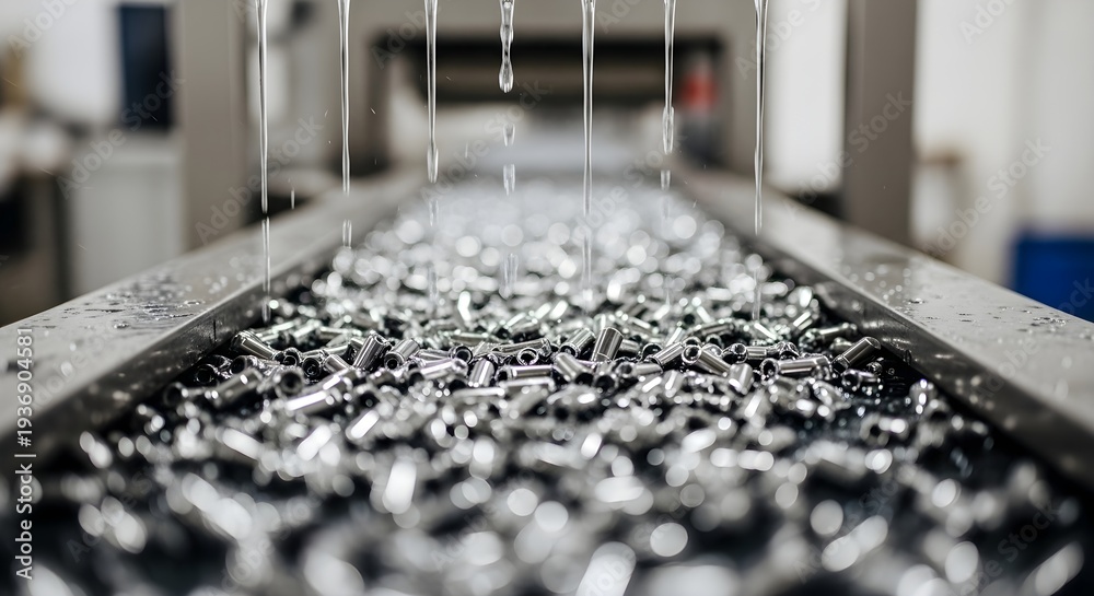 Fototapeta premium Metal conveyor belt laden with silver fragments amid suspended molten streams in a factory setting