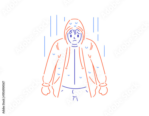 Illustration of a man looking gloomy and sad in the rain. Man in a raincoat caught in the rain. Feeling downcast under a light drizzle. Mood. Line or doodle style character illustration