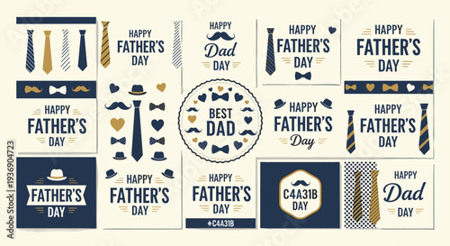 Happy Fathers Day greeting card set with neckties and mustaches, best dad celebration banners, cad drawing flat vector illustration, masculine icons