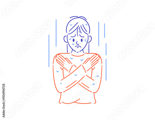 Illustration of a woman who looks gloomy and sad in the rain. Beautiful girl caught in the rain. Distraught in the drizzle. Mood. Line or scribble style character illustration. White background
