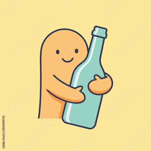 Cute Orange Blob Character Hugging a Blue Bottle with a Happy Face