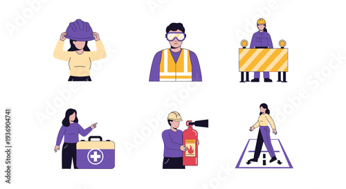 Six flatdesign icons representing safety gear first aid and traffic control
