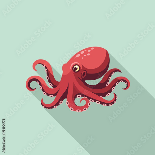 Cute red octopus with long tentacles, flat design, isolated on light blue background with shadow