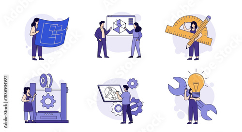 Six illustrations depicting engineering and design processes with people and tools