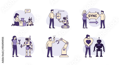 Six illustrations depicting human interaction and maintenance of various robots and robotic arms
