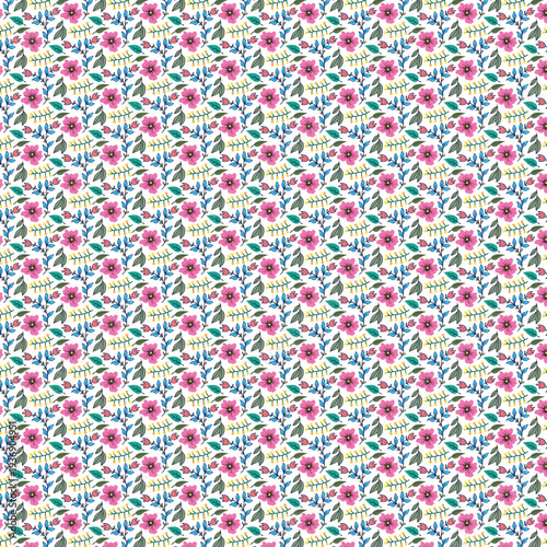 Seamless floral pattern with small pink flowers on white background