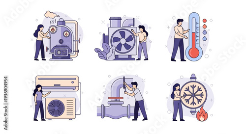 Six illustrations depicting HVAC maintenance and temperature control elements