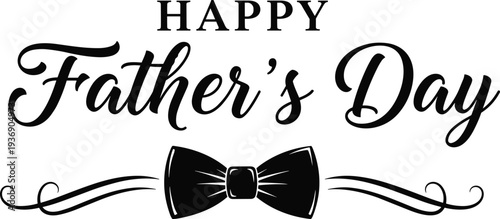 Happy Fathers Day greeting card typography with bowtie and decorative swirls, dad celebration element, cad drawing flat vector illustration, isolated