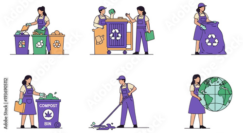 Six illustrations depicting sanitation workers sorting waste mopping and holding Earth