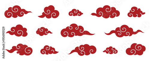 Set of Asian clouds with varied shapes, featuring traditional Chinese and Japanese ornamental patterns, ideal for vector illustrations