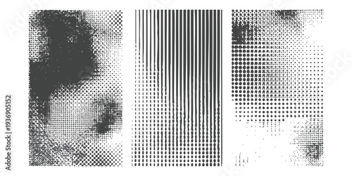 Set of vertical abstract backgrounds with distressed halftone dots and distorted vertical lines pattern vector graphic illustration