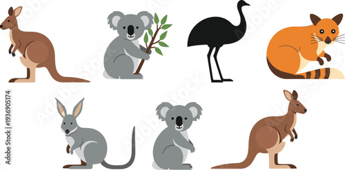Collection of Australian Animals Vector Illustration, Cute Cartoon Kangaroo Koala Emu and Wallaby Set, Wildlife Characters Isolated on White Background.