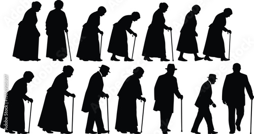 Professional black silhouette set of elderly people and senior citizens walking with canes, depicting aging, retirement, and geriatric healthcare concepts.