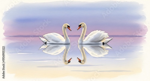 Watercolor illustration of two swans reflected on still water at twilight, soft blue and purple tones creating a calm evening mood