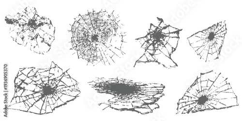Set of realistic broken glass cracks shattered screen effects and bullet hole textures in monochrome vector illustration