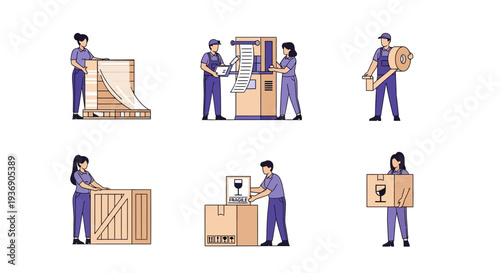 Six scenes depicting workers preparing processing and handling packages and crates