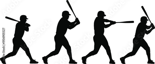 Set of Baseball Player Silhouettes Showing Different Stages of Batting Swing Motion, Athlete Action Poses, Professional CAD Drawing Flat Vector Illustration.