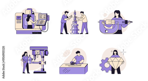 Six vignettes illustrating manufacturing processes with stylized human figures and tools