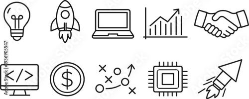 Collection of business and technology icons representing startup growth and success