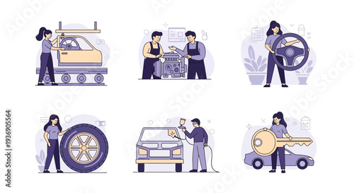 Six vignettes illustrating various stages of car production and service