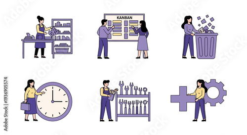 Six vignettes illustrating workplace organization maintenance time management and waste disposal