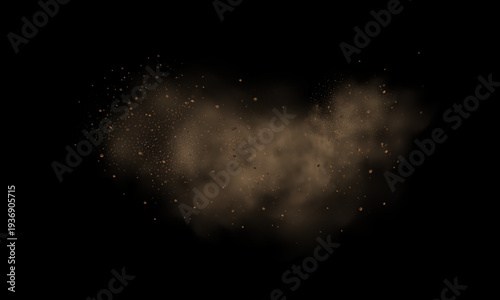 Realistic vector background of sandy smoke clouds and fine dust particles swirling in a desert storm. Brown dune explosion with yellow flying sand, dirt clusters, and textured wind effect.