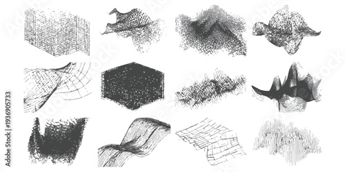 Collection of abstract 3D wireframe shapes distorted geometric objects and linear topographic elements vector illustration set