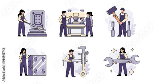 Six vignettes showing workers in overalls performing industrial tasks with tools and machinery