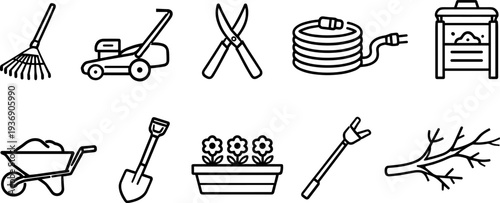 Collection of simple line art icons representing various gardening tools and elements