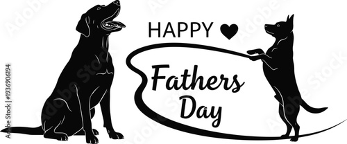 Happy Fathers Day greeting card with Labrador and German Shepherd dog silhouettes, cad drawing flat vector illustration, pet lover celebration