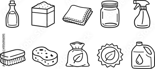 Collection of hand-drawn icons representing eco-friendly cleaning supplies and natural ingredients