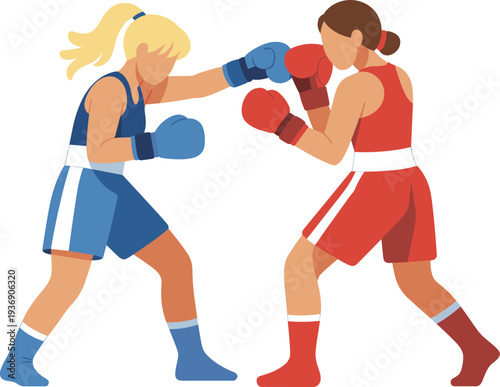 Two women boxing in competition, female athletes training and fighting vector illustration