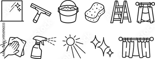 Collection of simple line art icons representing household cleaning tools and tasks
