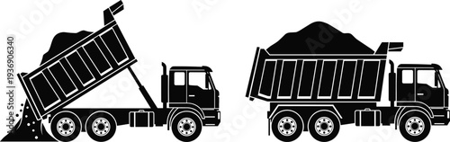 Dump truck silhouette vector illustration, construction tipper vehicle unloading gravel isolated heavy equipment transport icon