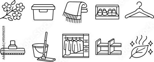 Collection of line art icons representing home organization and cleaning essentials