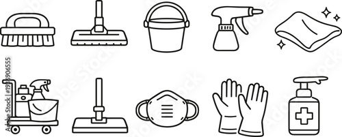 Collection of cleaning supplies and protective equipment icons for hygiene and sanitation purposes