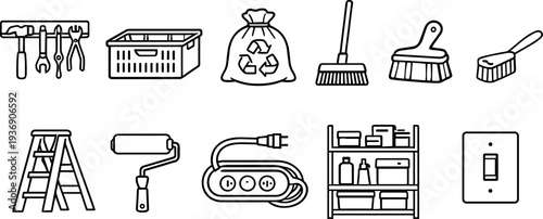 Collection of household and cleaning tools, organized for easy access and storage