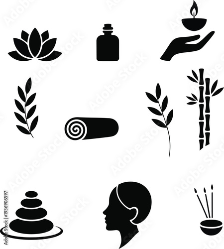 Black silhouettes of spa and wellness on white background