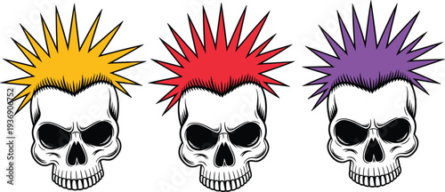 Punk rock human skulls set with colorful mohawk hair, gothic subculture vector illustration