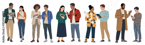 Flat vector illustration of diverse business people collaborating, mentoring, and leading staff. Full-body characters in professional attire, teamwork and leadership concept.