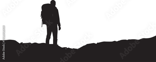 Backpacker Standing on Mountain Peak Watching Sunrise Landscape – Travel Freedom and Adventure Exploration Concept, Ideal for Tourism and Inspirational Designs