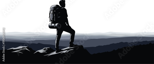 Backpacker Standing on Mountain Peak Watching Sunrise Landscape – Travel Freedom and Adventure Exploration Concept, Ideal for Tourism and Inspirational Designs