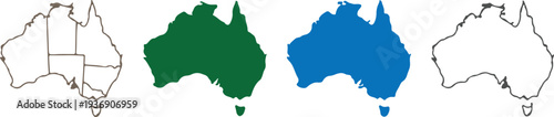 Set of Australia Map Icons and Silhouettes featuring Geographic Outlines, Solid Green and Blue Vector Shapes, and Land Border Infographics for Travel and Education