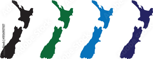 Set of New Zealand Map Silhouettes in Multiple Colors - High Quality Isolated Vector Icons of North and South Island for Travel, Geography, and Infographic Design