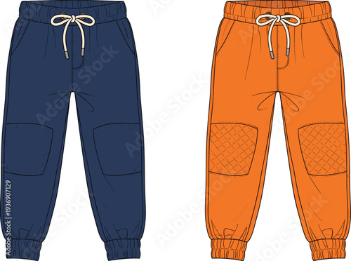 Kids jogger pants illustration, blue and orange sweatpants front view casual children sportswear isolated clothing vector design