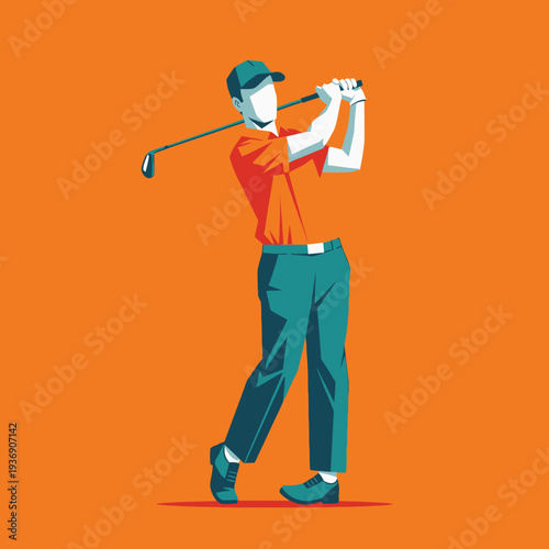 Golfer Swinging Club on Orange Background - Dynamic Action Shot
